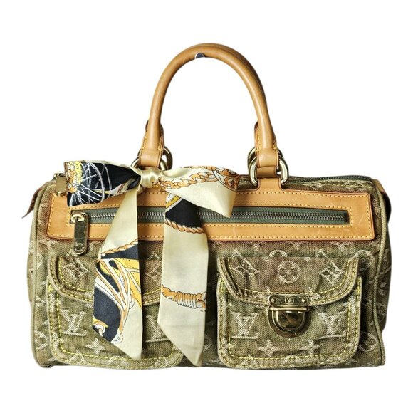 LOUIS VUITTON Green Denim Leather Speedy Neo Monogram Satchel LV LTD EDTN - Picture 10 of 16